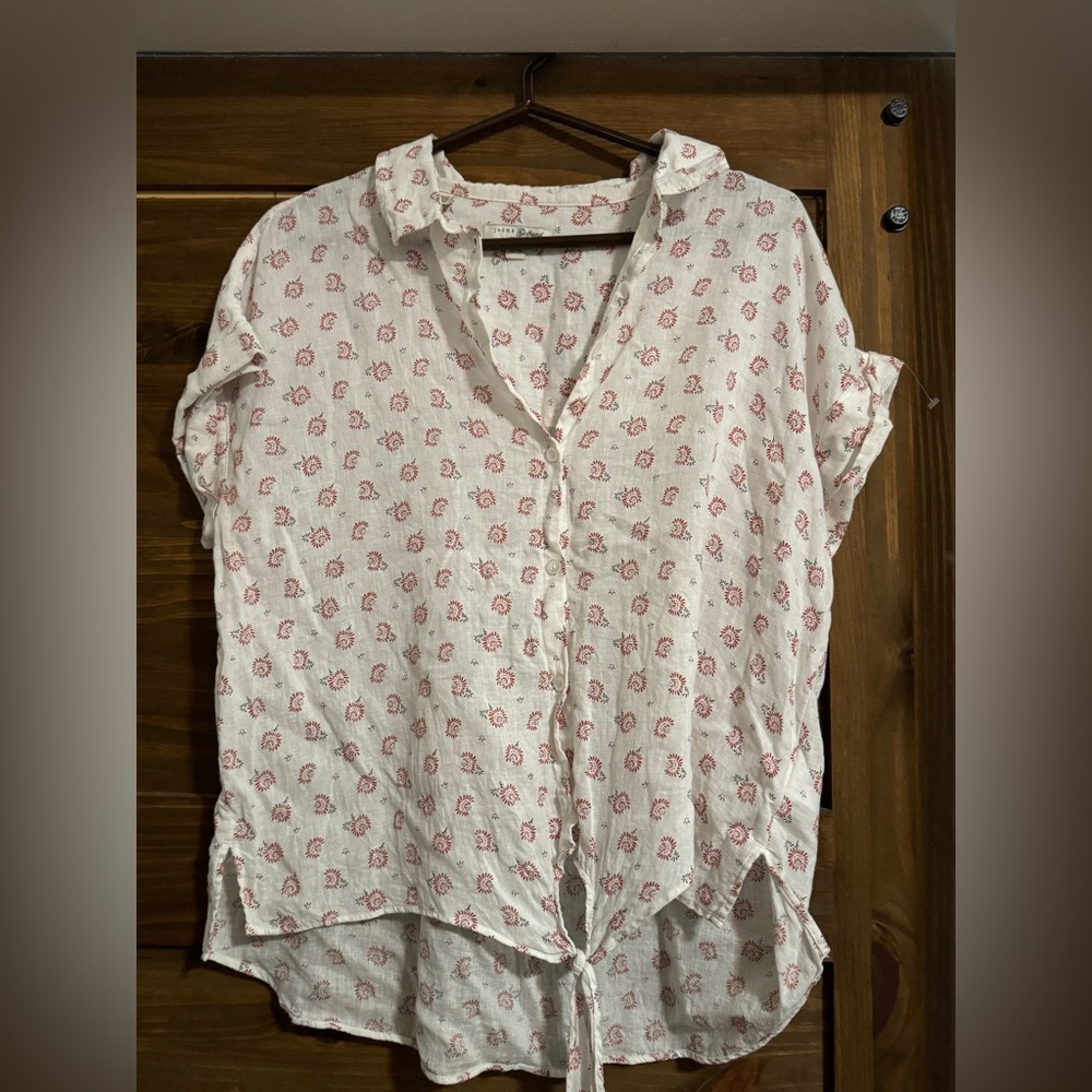Jachs Girlfriend M button down tie front linen cap sleeve pleat white boho top